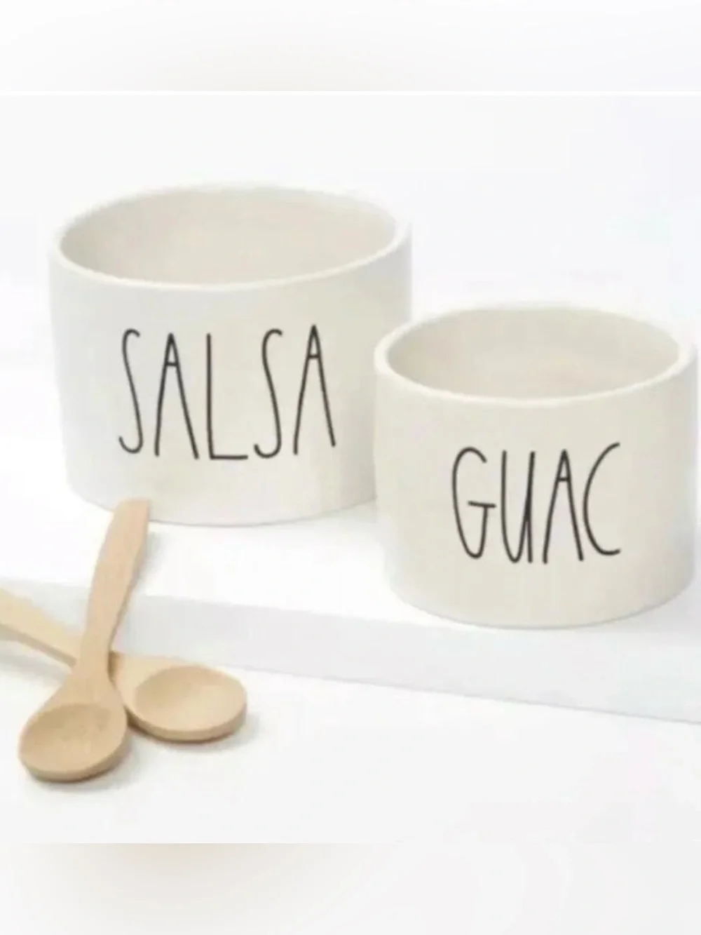 New Rae Dunn cream Ceramic “GUAC” and 'SALSA' Serving Bowls with bamboo spoons